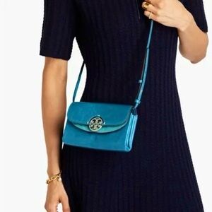 Tory Burch Turquoise Blue Leather and Suede ‘Miller’ Wallet-on-Chain Crossbody